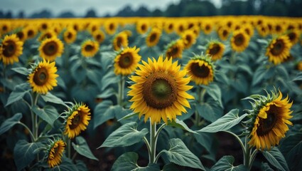 Flower Sunflower Bloom On A Field Of Sunflowers Droop with Empty Copy Space For Text