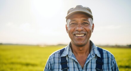 African American farmer smiling field background sunset golden hour. Senior male agricultural worker portrait. Rural countryside farming concept