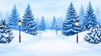 Winter Wonderland Pathway with Snowy Trees and Lanterns Illuminating Winter Scene