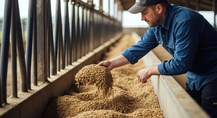 Farmer feeding cattle grain barn facility indoor. Male agricultural worker pouring feed livestock nutrition. Animal husbandry concept
