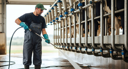 Farmer cleaning milking equipment hose water dairy facility. Male worker maintaining hygiene standards modern barn. Agriculture sanitation concept