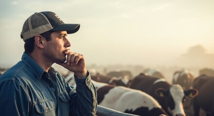 Young farmer man talking phone cattle background sunset. Male rancher using mobile communication livestock field. Agriculture technology concept