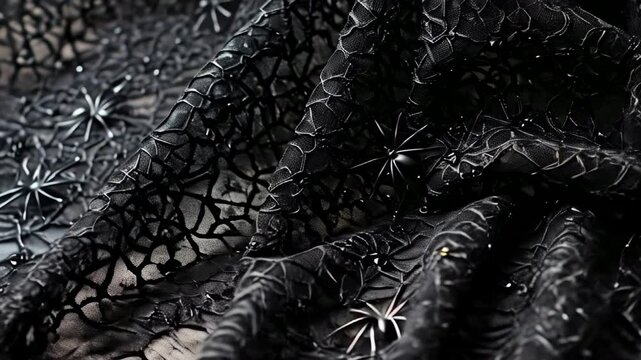 Close-up of elegant black lace fabric with a spooky spiderweb and spider pattern for Halloween or gothic themed texture and background ,video