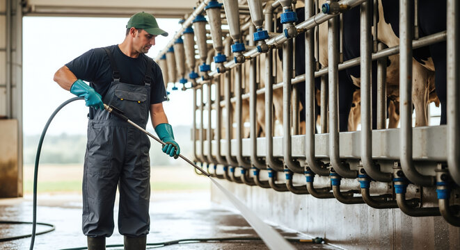 Farmer cleaning milking equipment hose water dairy facility. Male worker maintaining hygiene standards modern barn. Agriculture sanitation concept