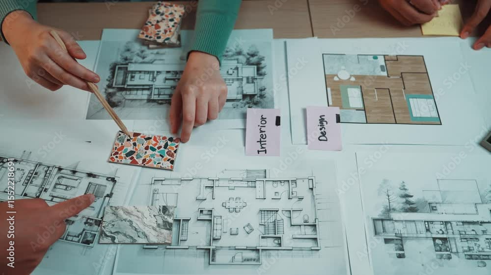 Poster a collaborative design process featuring hands working with color samples and architectural plans on