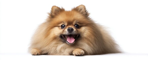 Obraz premium The cheerful Pomeranian dog with fluffy fur and a joyful expression.