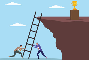 Vector illustration of two businessmen lifting up a ladder to reach a trophy on a cliff, symbolizing teamwork, shared ambition, and the collaborative pursuit of success
