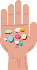 Flat Vector Hand Holding Assorted Pills and Capsules