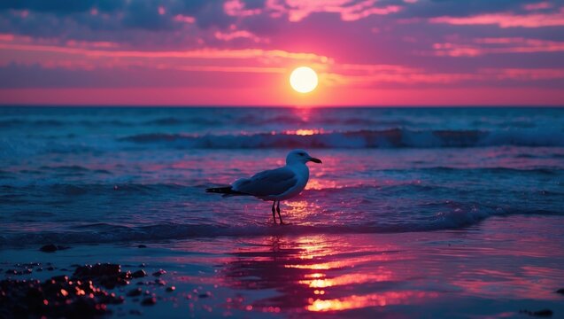 A seagull in silhouette walking in the ocean at sunset, with waves and a colorful sky.