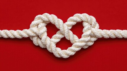 White Rope Forming Heart Knot on Red Background