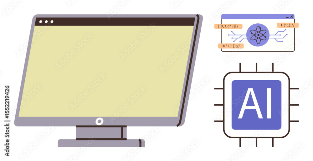 Poster monitor with blank screen, ai chip, circuit board design symbolizing innovation, computing. ideal fo