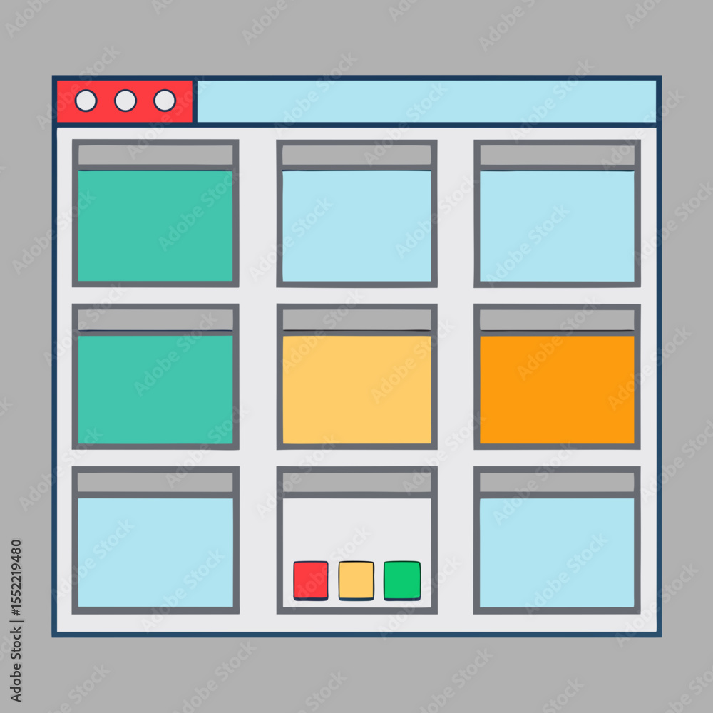 Poster abstract illustration of a digital interface with colorful content blocks and navigation elements