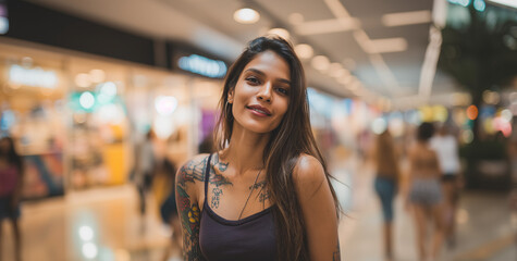 Young woman with long dark hair and tattoos smiles in a busy shopping center, showcasing urban style on a sunny day