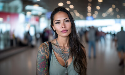 Portrait of a confident woman with tattoos in a bustling airport environment, showcasing modern travel dynamics and cultural diversity