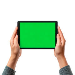 Tablet Presentation: Close-up shot showcases a person's hands holding a modern tablet with a vibrant green screen, perfect for content display. It's ideal for mockup, showcasing information.