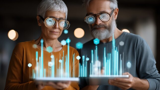 Exploring digital innovation older adults engaging with technology modern workspace interactive learning informative environment close-up view