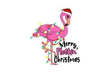 Illustration of a flamingo wearing a santa hat is tangled in Christmas lights, Christmas Sublimation Design isolated on transparent background © Lemon
