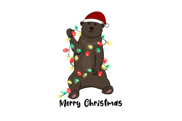 Illustration of a bear wearing a Santa hat is tangled in Christmas lights, Christmas Sublimation Design isolated on transparent background