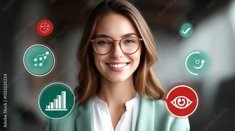 Poster empowering business analytics office space digital interaction professional environment close-up vie