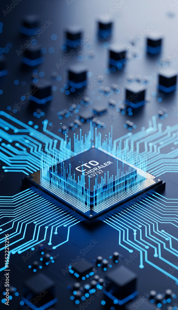 Poster close-up of a computer processor on a circuit board, glowing blue lines symbolize data flow, showcas