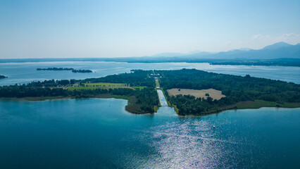 Aerial view of Prien am Chiemsee, a charming Bavarian town on the shore of Lake Chiemsee. Captured...
