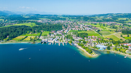Aerial view of Prien am Chiemsee, a charming Bavarian town on the shore of Lake Chiemsee. Captured...