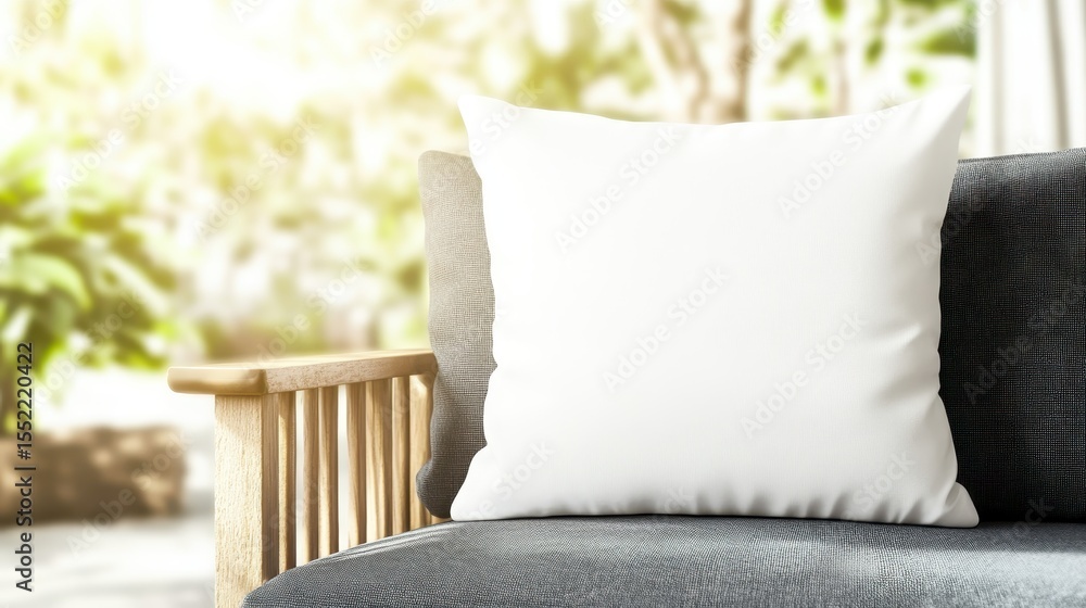 Poster a minimalist scene featuring a blank white pillow on a comfortable grey sofa, bathed in soft sunligh