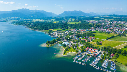 Aerial view of Prien am Chiemsee, a charming Bavarian town on the shore of Lake Chiemsee. Captured...