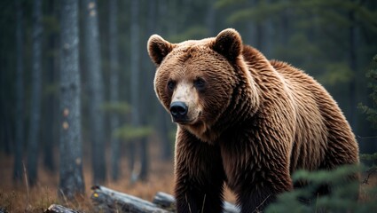 Obraz premium Brown Bear in Forest with Empty Copy Space for Text