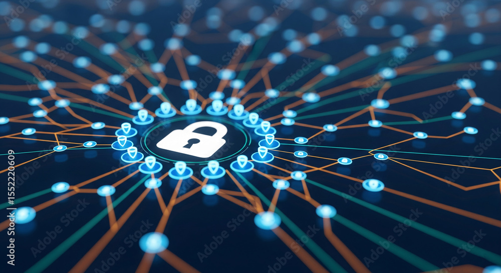 Poster abstract image of a network with glowing nodes and lines, central padlock symbol signifying digital 