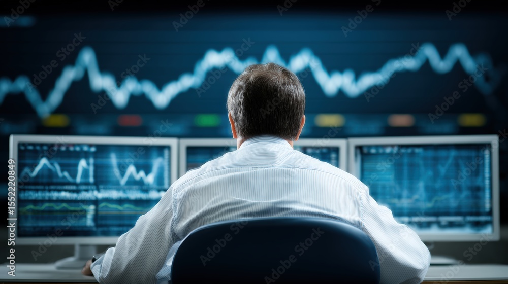 Poster stock market analysis by a financial trader office environment digital data display professional set