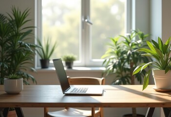 modern workspace minimalist design closed laptop indoor plant serenity organization efficiency, desk, home, office, decor, stationery, furniture, technology