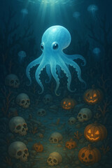 Obraz premium Giant ghostly octopus floating in deep ocean filled with skulls and glowing pumpkins