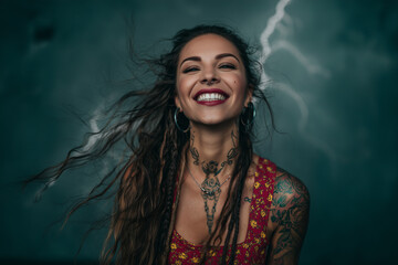 Joyful young woman with tattoos and long hair smiling against a dark background