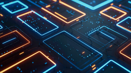 A futuristic digital abstract background featuring a complex grid of glowing rectangular shapes in blue and orange neon colors.