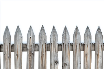 Obraz premium Old wooden picket fence and metal barrier isolated against the sky, offering rustic garden protection