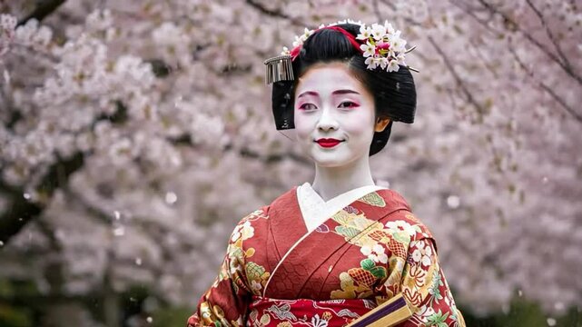 Elegant geisha amidst cherry blossoms
