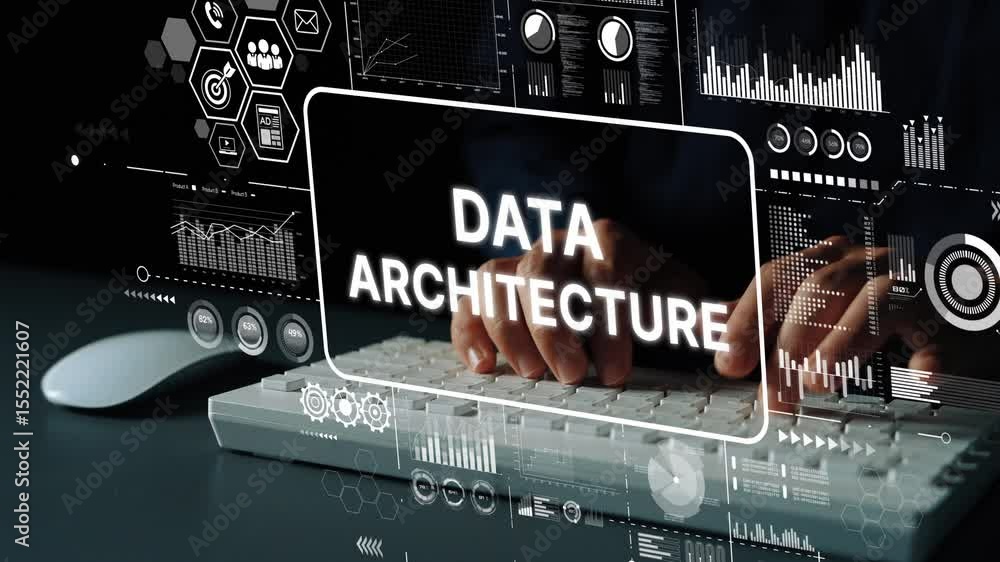 Poster innovative data architecture concept with hands typing on keyboard and digital interface elements in