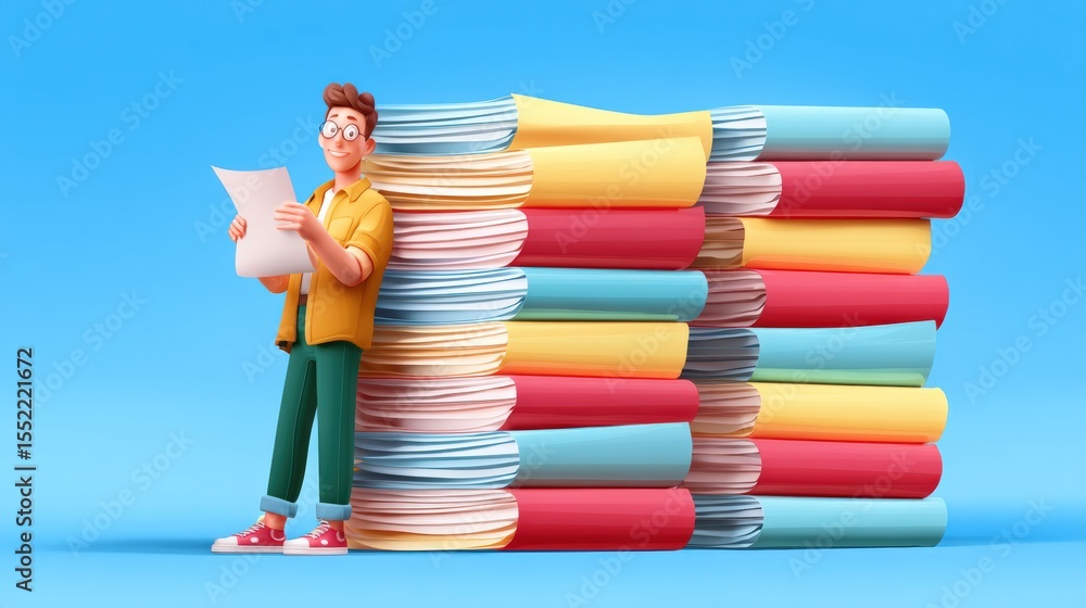 Poster document management workflow office 3d illustration bright environment eye-level view streamlining e