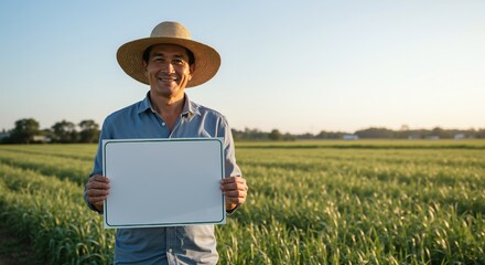 Senior farmer holding blank tablet field green crops smiling. Elderly agricultural worker technology rural countryside. Digital farming concept