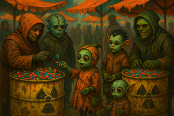 Obraz premium Zombies and kids collecting colorful candy at creepy Halloween booth with toxic barrels