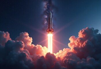 Fototapeta premium rocket launching stellar night sky cosmic explosion blast dreams exploration technology universe, star, space, cascade, glow, trajectory, atmosphere, vacuum