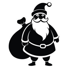 Santa Claus Silhouette with Gift Bag, Belt, Hat and Beard, Black and White