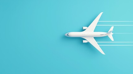 Minimalist Image of a White Airplane in Flight Against a Bright Blue Background