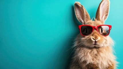 A cute bunny wearing stylish sunglasses poses against a vibrant turquoise background, combining playful charm with a modern twist in pet photography.