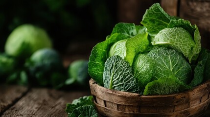 A beautiful arrangement of fresh green cabbages in a rustic wooden basket, showcasing the vibrant colors and healthy food appeal of organic produce in a natural setting.