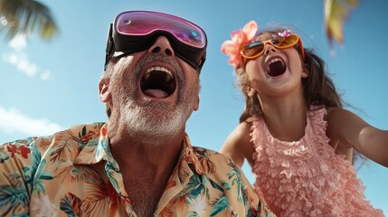 A jubilant grandfather and young girl wearing VR headsets, both laughing and enjoying an immersive experience together on a sunny day, showcasing modern technology and family bonds.