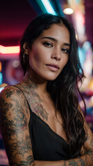 Confident woman with tattoos posing in vibrant bar atmosphere, showcasing her unique style and expressive body art