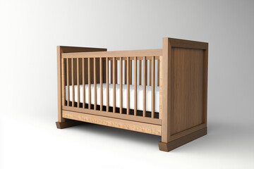 Empty wooden baby crib in a white nursery room