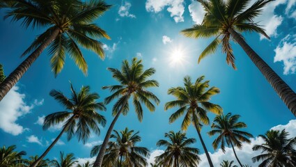 Palm Trees Seen From Below Under Sunny Blue Sky, Tropical Background with Empty Space for Text